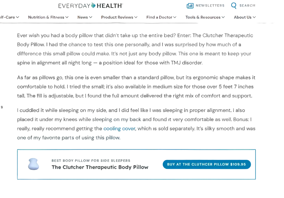 Everyday Health features The Clutcher Pillow for Best Side sleepers pillow and TMJ consciousness 