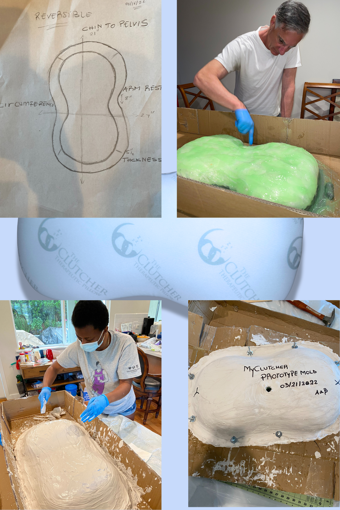 Collage documenting the Clutcher Pillow journey from early sketch and prototype to final product