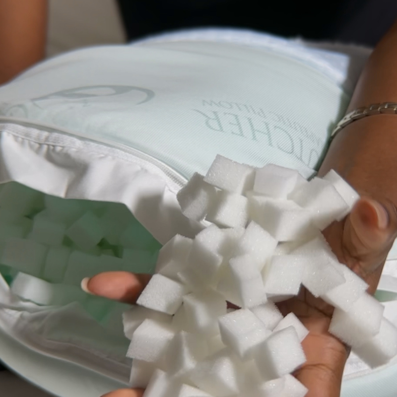 Premium adjustable memory foam cubes filling for The Clutcher® Therapeutic Pillow, designed to provide breathable support, airflow, and personalized comfort for side sleepers